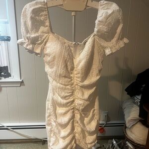 Cream Ruched Puff Sleeve Mini Dress